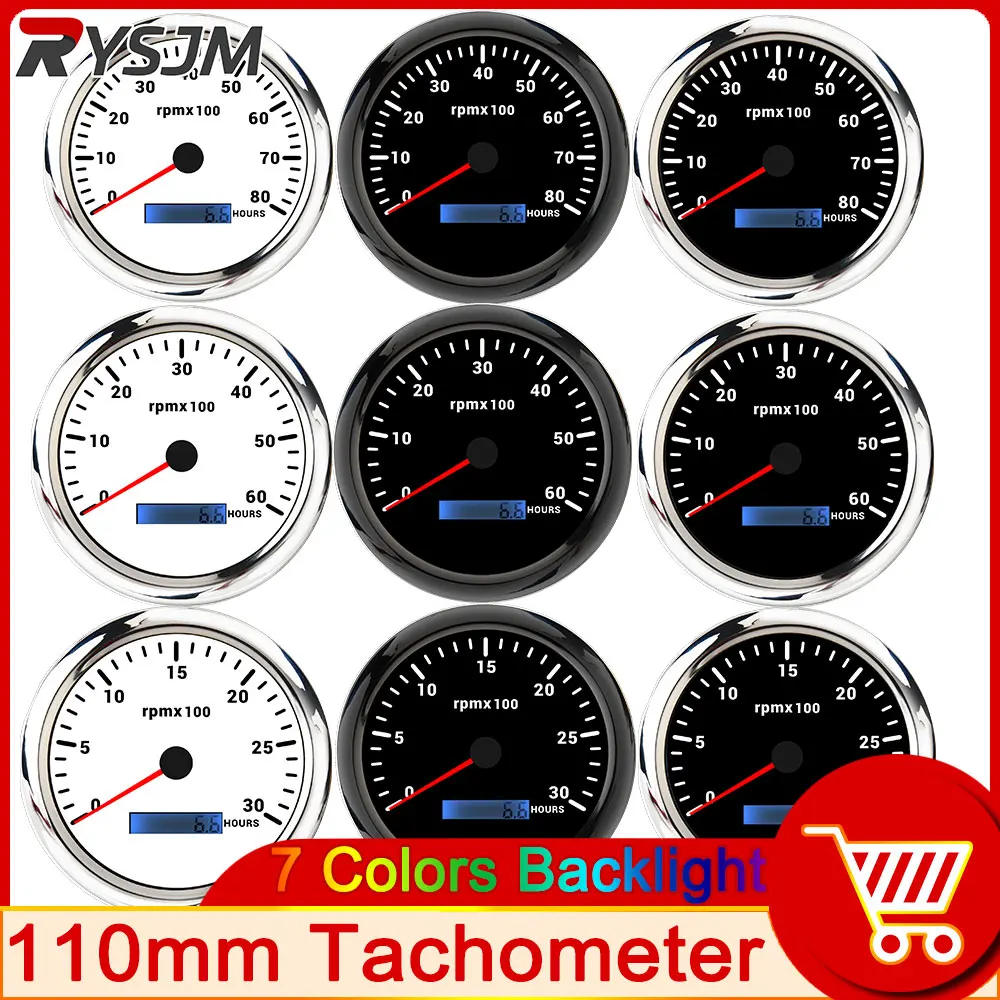 110mm Tachometer 3000 4000 6000 7000 8000 RPM Meter with 7 Color Backlight 12V 24V Universal Type for Any Vehicle Hour Meter