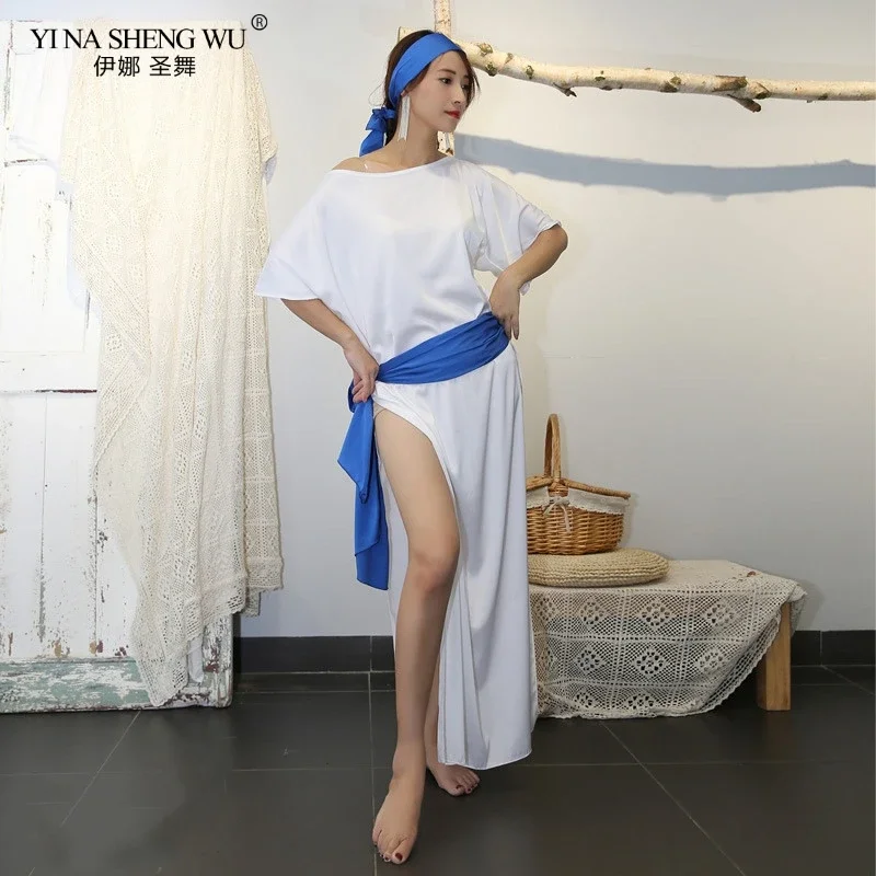 새로운 여성 벨리댄스 의상 발라디 사디 원피스 새틴 드레스 소녀 벨리댄스 드레스 2피스 세트 흰색 드레스 벨트