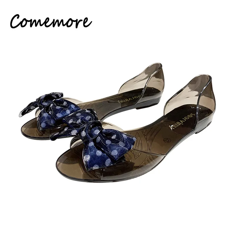 Comemore Korean Style Flats Sandals Fashion Summer Fish Mouth Bow Transparent Jelly Shoes Femme Flat Beach Leisure Footwears view 5