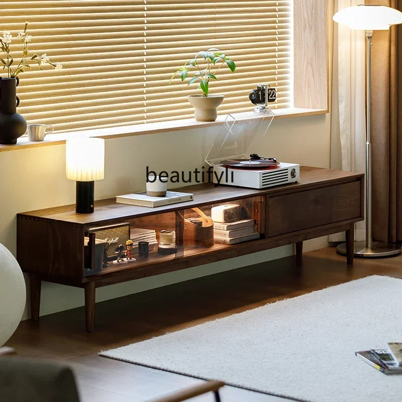 

K185 Small Apartment Nordic Modern Minimalist North American Black Walnut Solid Wood TV Cabinet Living Room Cherrywood