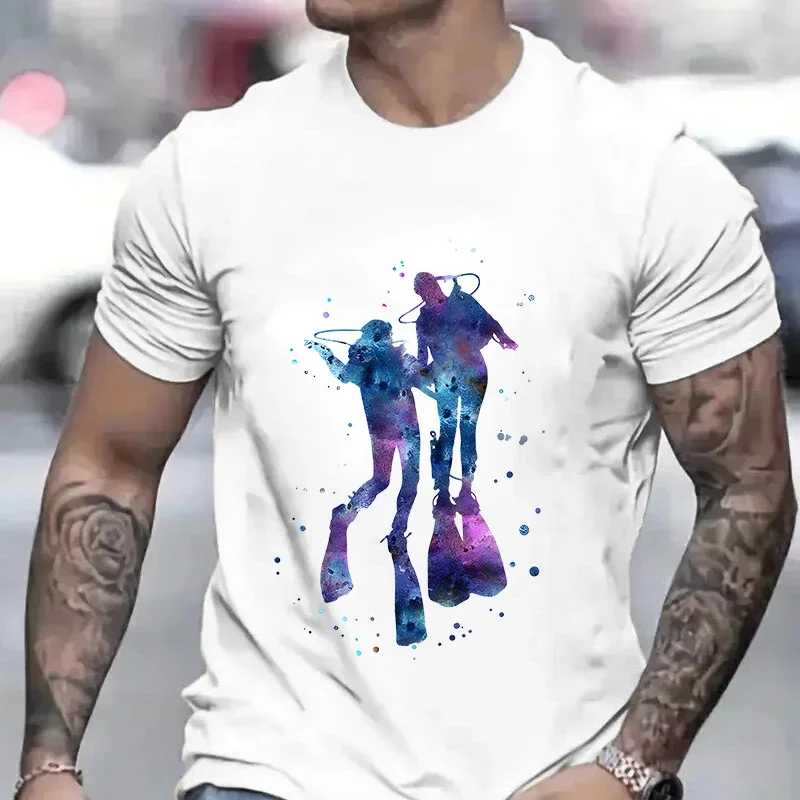 Summer Streetwear Scuba Diver Watercolor Diving Print Men\'s Brand T-shirts Scuba Diver Design Tops Breathable Men Women Tshirts