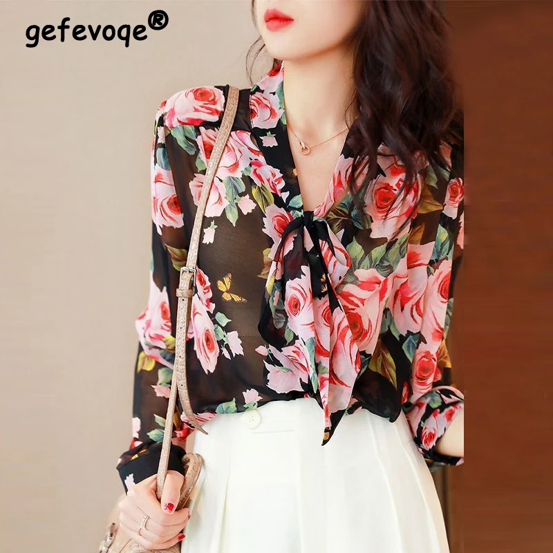 Women Trendy Vintage Floral Print Bow Lace Up Shirts French Style Elegant Chic Blouse Spring Autumn Long Sleeve Tops Loose Blusa