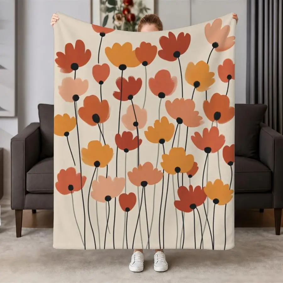 Soft Flannel Throw Blanket Suitable for - Cozy Warmth - Warm Orange & Peach Floral Print on Beige Bedspread, Weighted Blanket for Couch, Bed, Travel | Machine Washable Gift for,, | Painterly Design Contemporary Style, 2D Flat