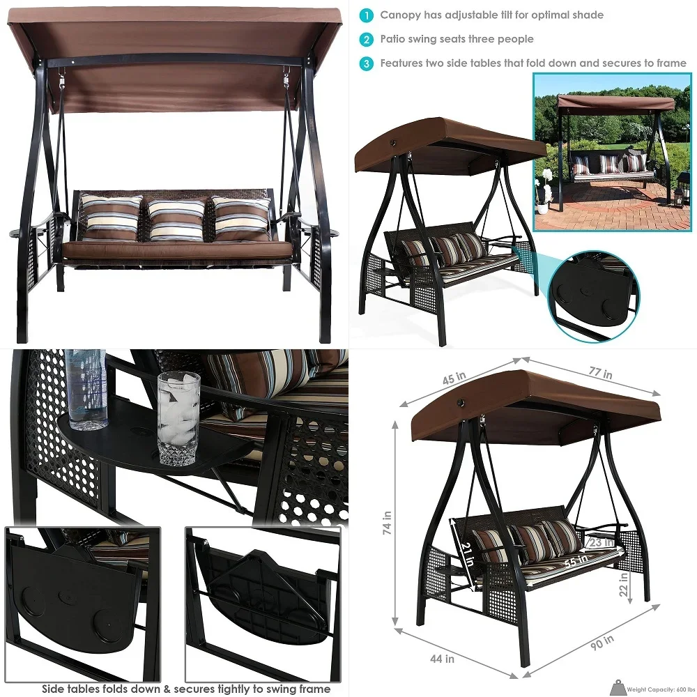 

2Seat orch Swing with Stand, Wooden Patio Swing Chair with Side Tables and Metal Chains, Outdoor Hanging Bench for Garden, Pool