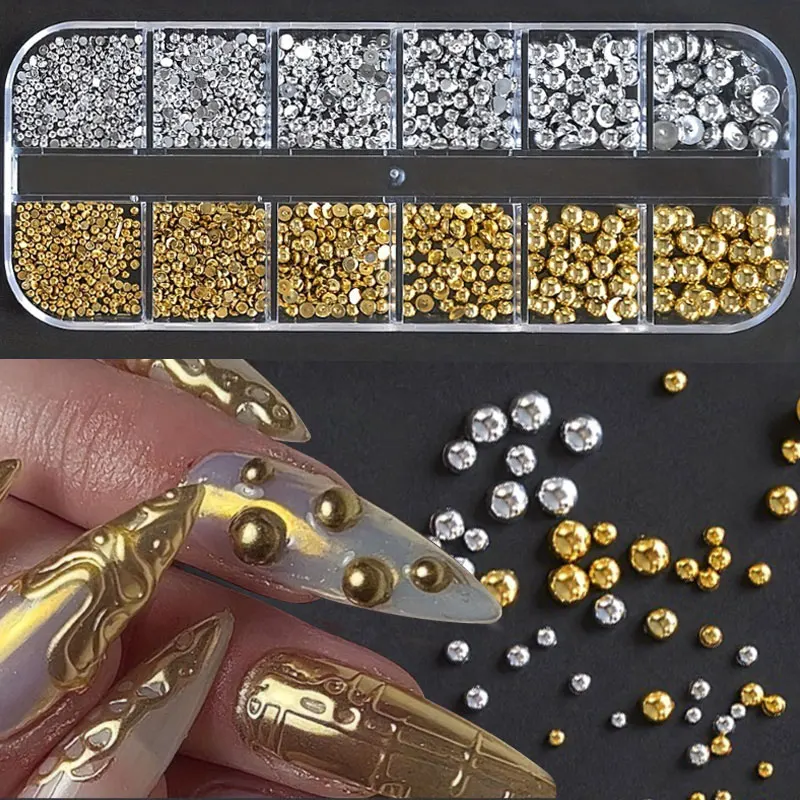 12 siatka/pudełko złoto srebro półokrągły koralik kawiorowy akcesoria do paznokci 1.5 ~ 5mm Flatback okrągłe stalowe ozdoby do paznokci narzędzia do paznokci