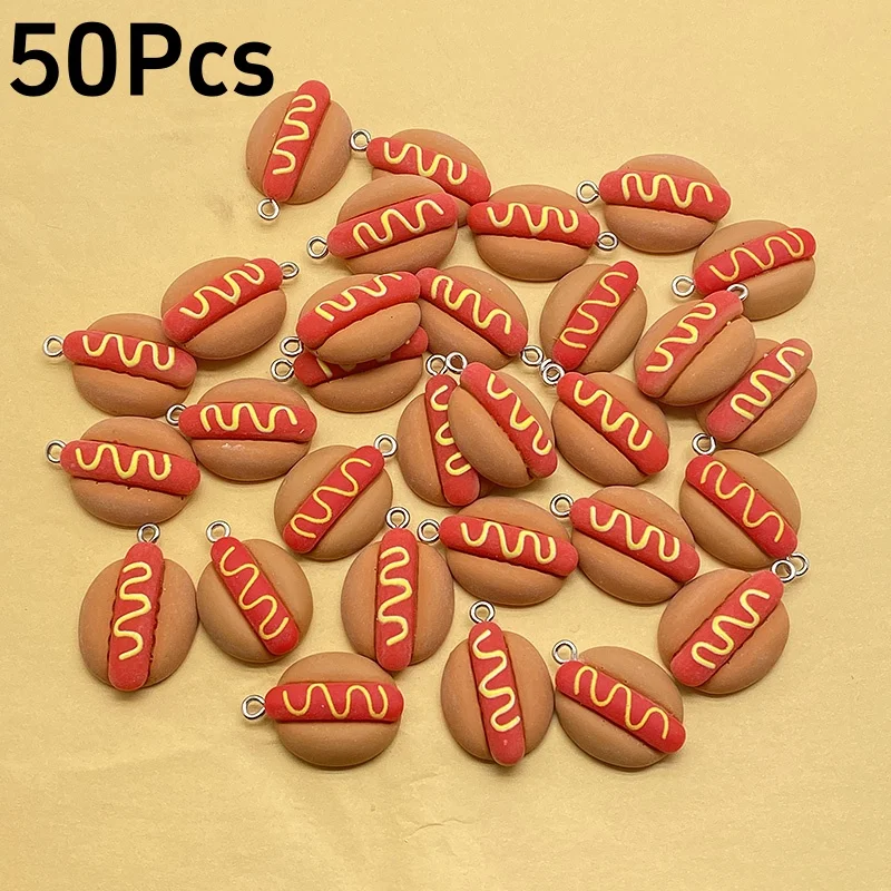 50pcs Bulk Wholesale Hot Dog Bread Resin Charms Funny Cute Flatback Food Pendant For Earring Keychains Diy Jewelry Make