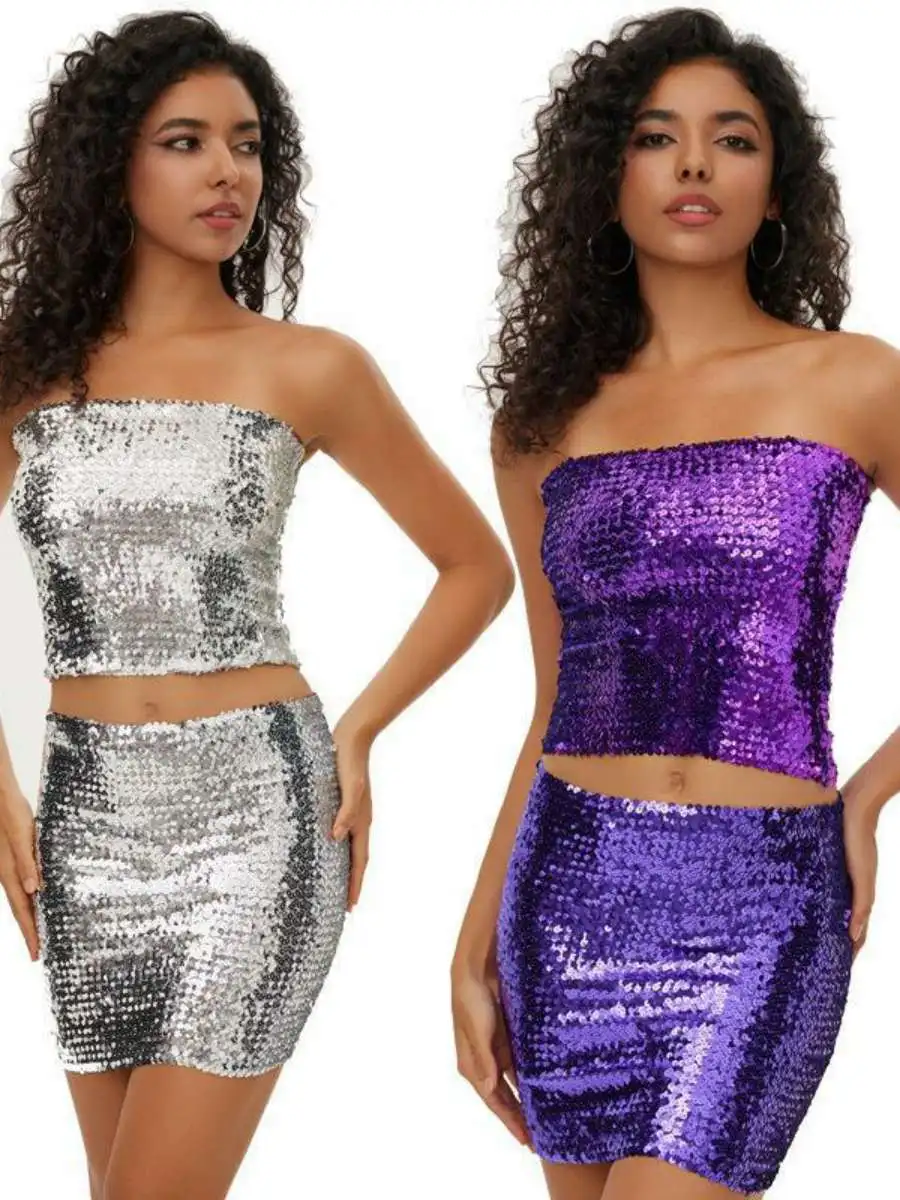 Sexy Sparkling Sequin Elastic Set Half Skirt Dance Dress Bead Top Halloween Costume Polyester Material Ethnic Stage Costume