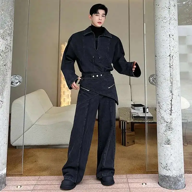 LUZHEN トレンディなデニムジャケット 2 点セット取り外し可能な新しいスカートパッチワークデザインスタイリッシュな男性ストレートジーンズ韓国レトロ LZ8901