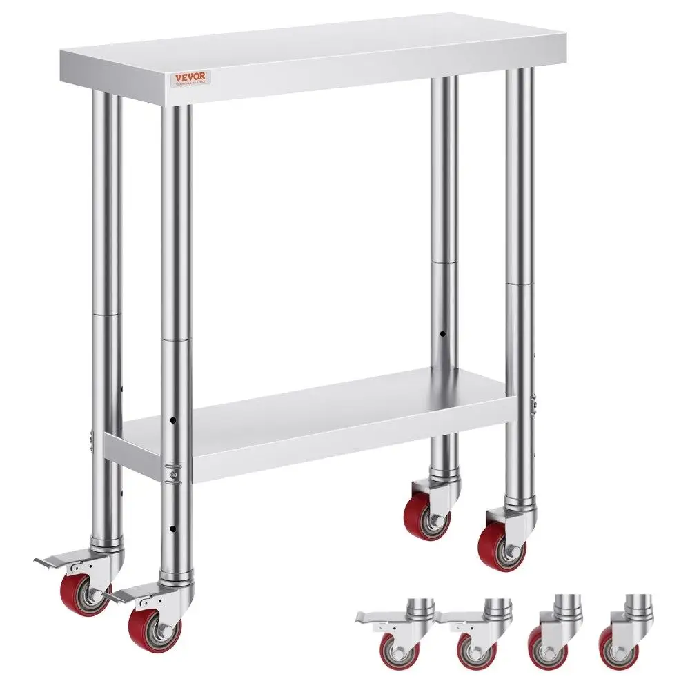 

30x12x34 Inch Stainless Steel Work Table 3-Stage Adjustable Shelf with 4 Wheels Heavy Duty Commercial Prep Worktable with
