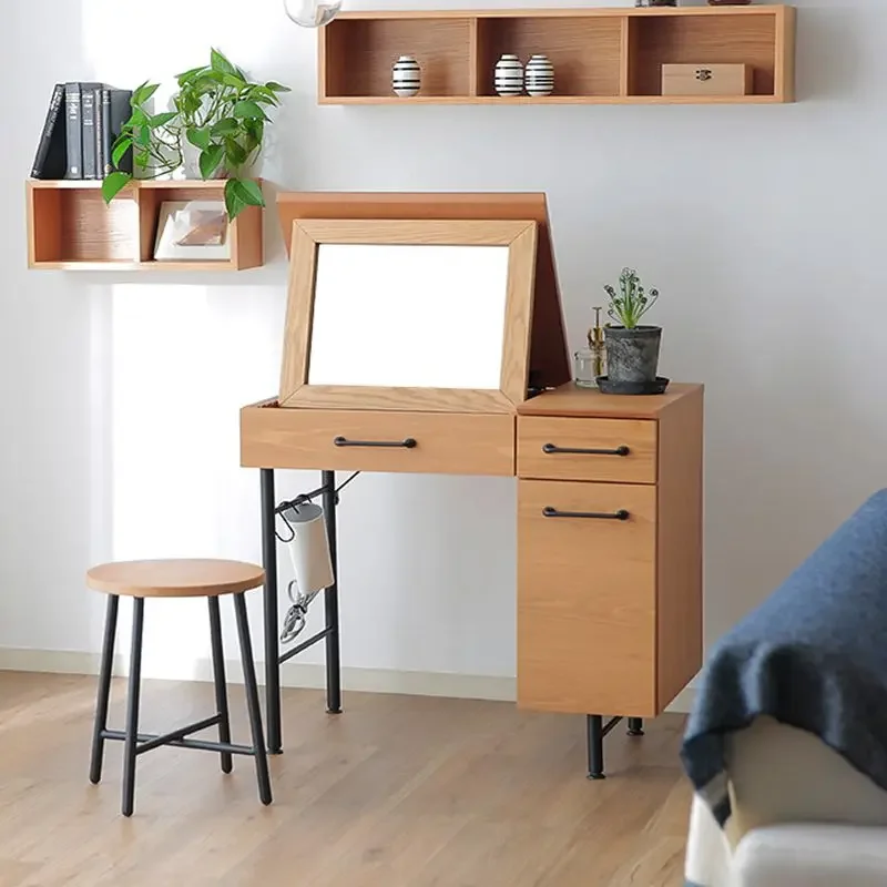 Japanese-style bedroom dresser, wrought iron, small apartment, flip mirror, dressing table, original walnut, simple multi-functi