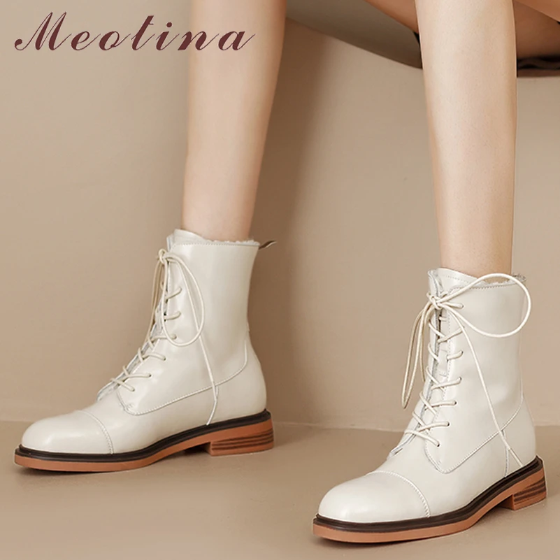 Meotina Women Genuine Leather Ankle Fur Wool Boots Round Toe Flat Zipper Lace-up Ladies Cow Suede Short Boot Autumn Winter Shoes