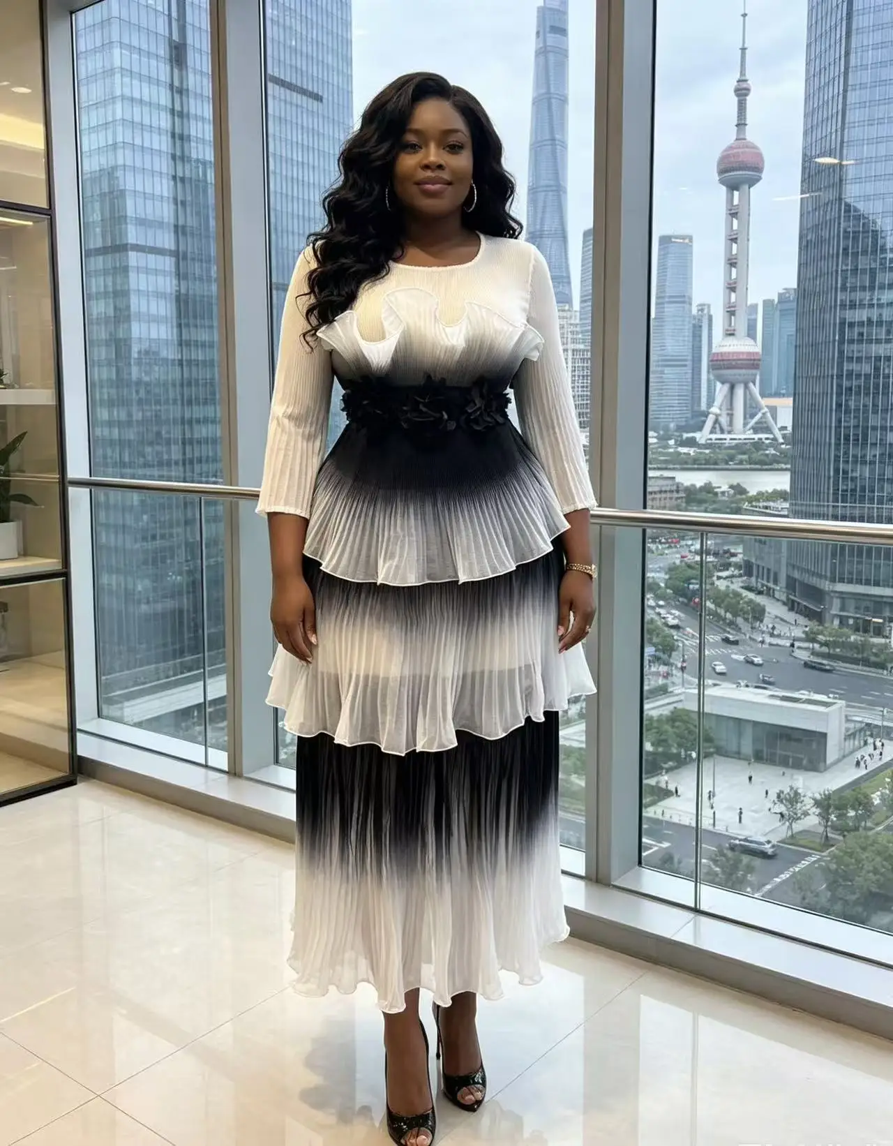 Miyake Pleated Fungus Edge Organza Three-dimensional Flower Decoration Printing Gradual Change Light Luxury Dress Women Clothing