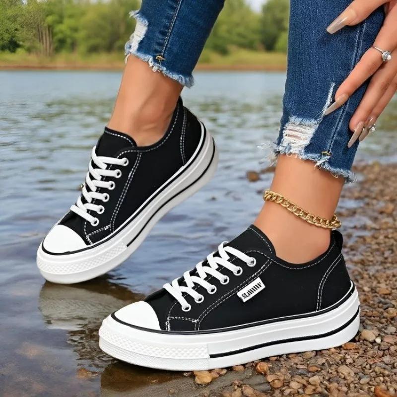 Women's Thick Sole Canvas Sneakers Breathable Round Toe Spring Summer New Style Versatile Casual Sports Shoes Korean Version