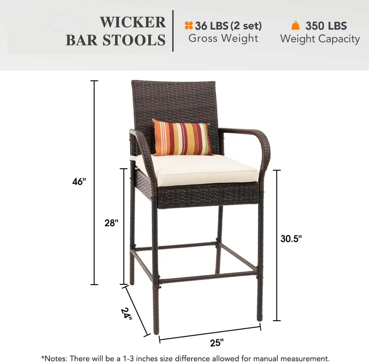 Rattan Bar Stools Set, Bar Stool, cadeiras de vime, Cadeira Pátio Altura, Almofada Bege, All-Weather Outdoor Móveis, Conjunto de 2