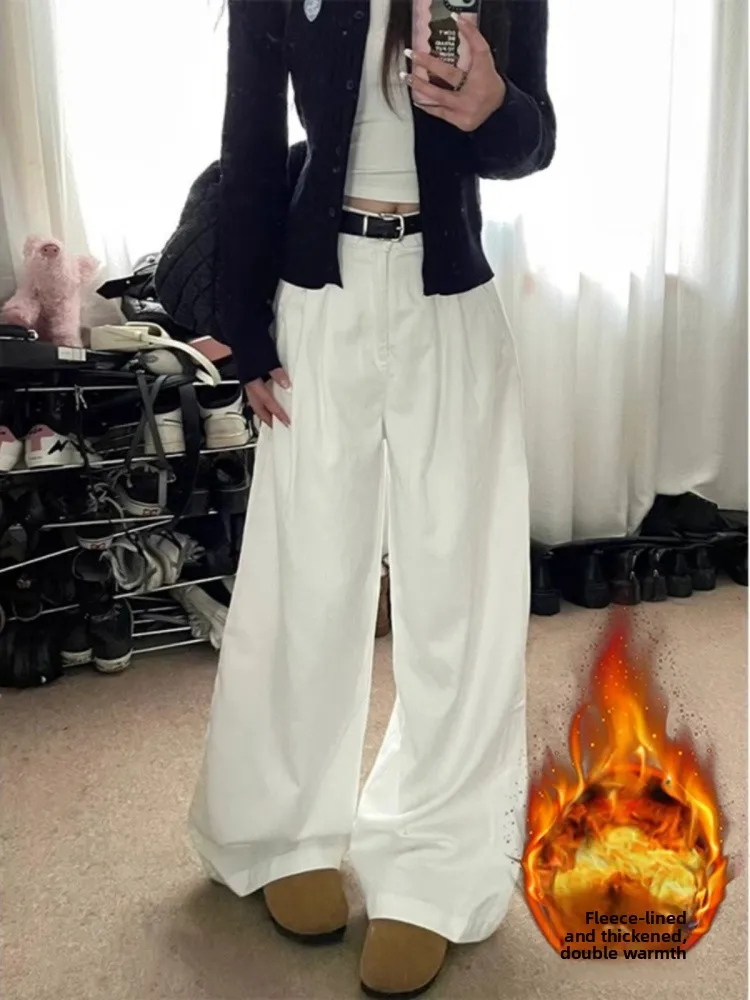 

Женские джинсы с подкладкой, широкие штанины, осенне-зимние, больших размеров, плиссированные, свободные, прямые, удлиненные до пола, с эффектом стройности