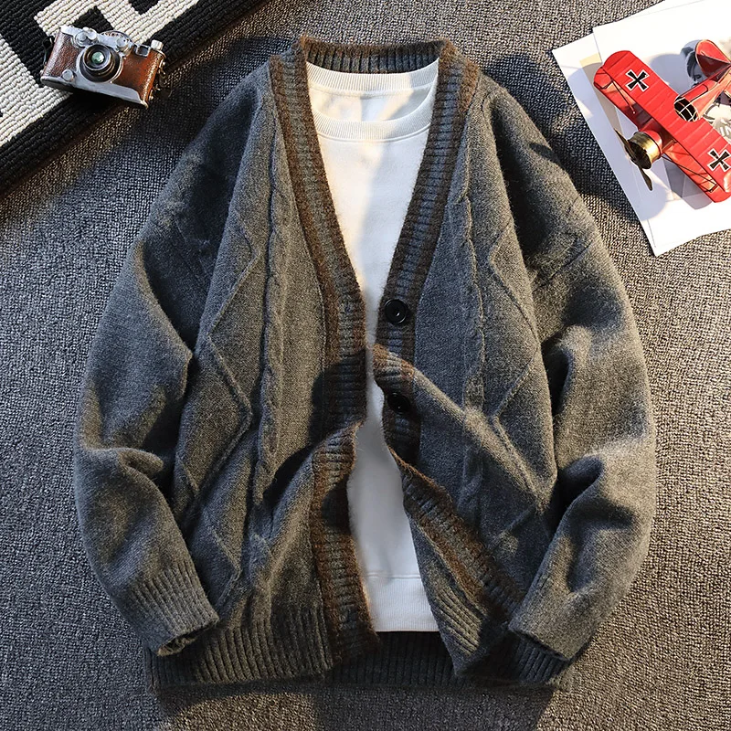 Men's Autumn High Quality Long Sleeves Knit Cardigan Jacquard Keep Warm Button Sweater Coat Leisure Trend Trend Men's Clothing