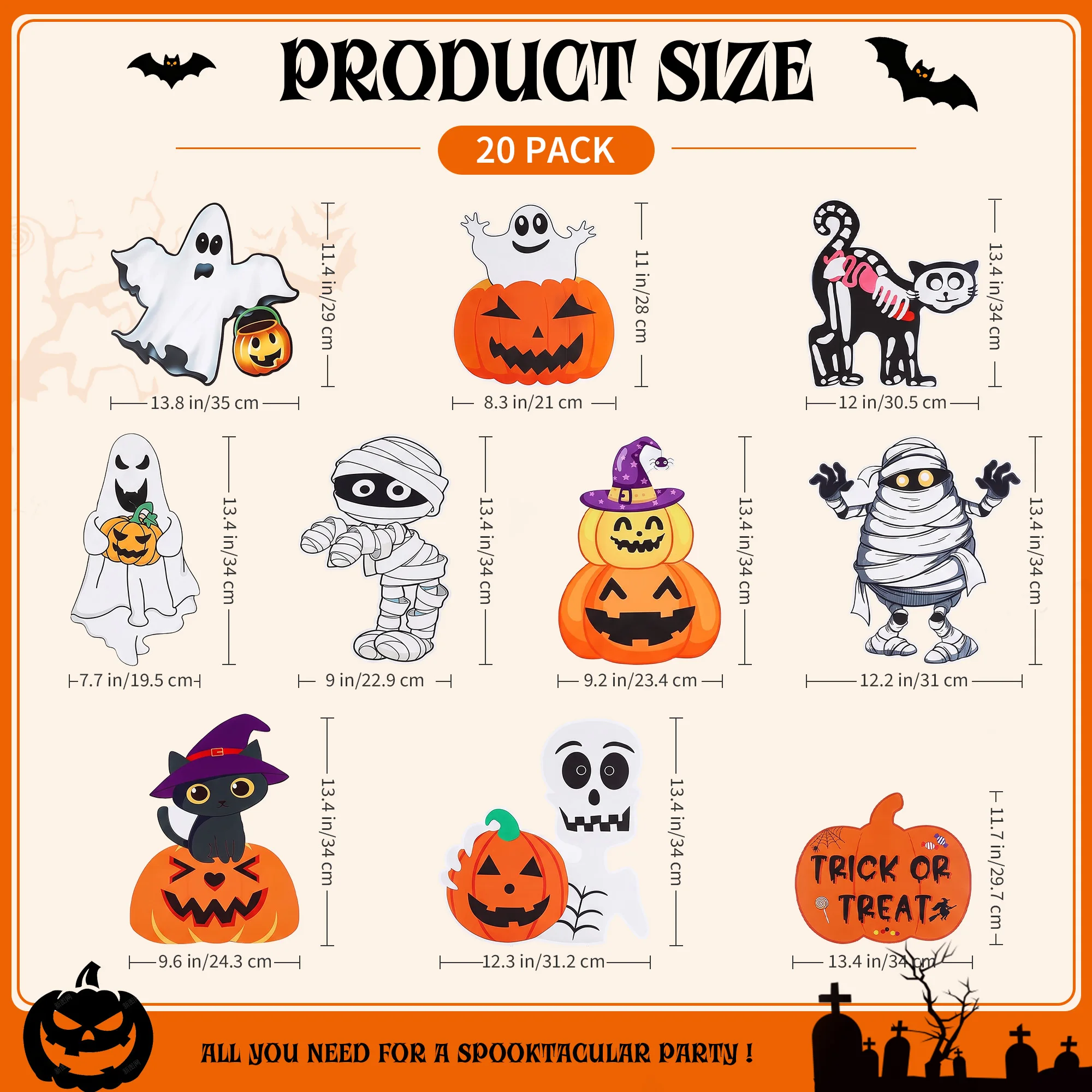 20‑Pack Halloween Yard Signs, Durable Corrugated Plastic Outdoor Lawn Decor with Specter, Pumpkin, Skeleton, Mummy & Cat Designs, Halloween Decorations for Garden, Patio, Yard Party