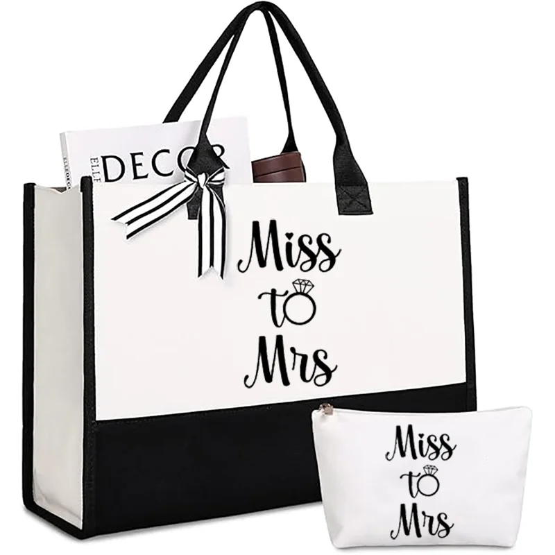 Miss to Mrs Bride Tote Bag with Makeup Bag Gifts for Bridal Shower Bachelorette Wedding Party supplies bride to be wedding decor