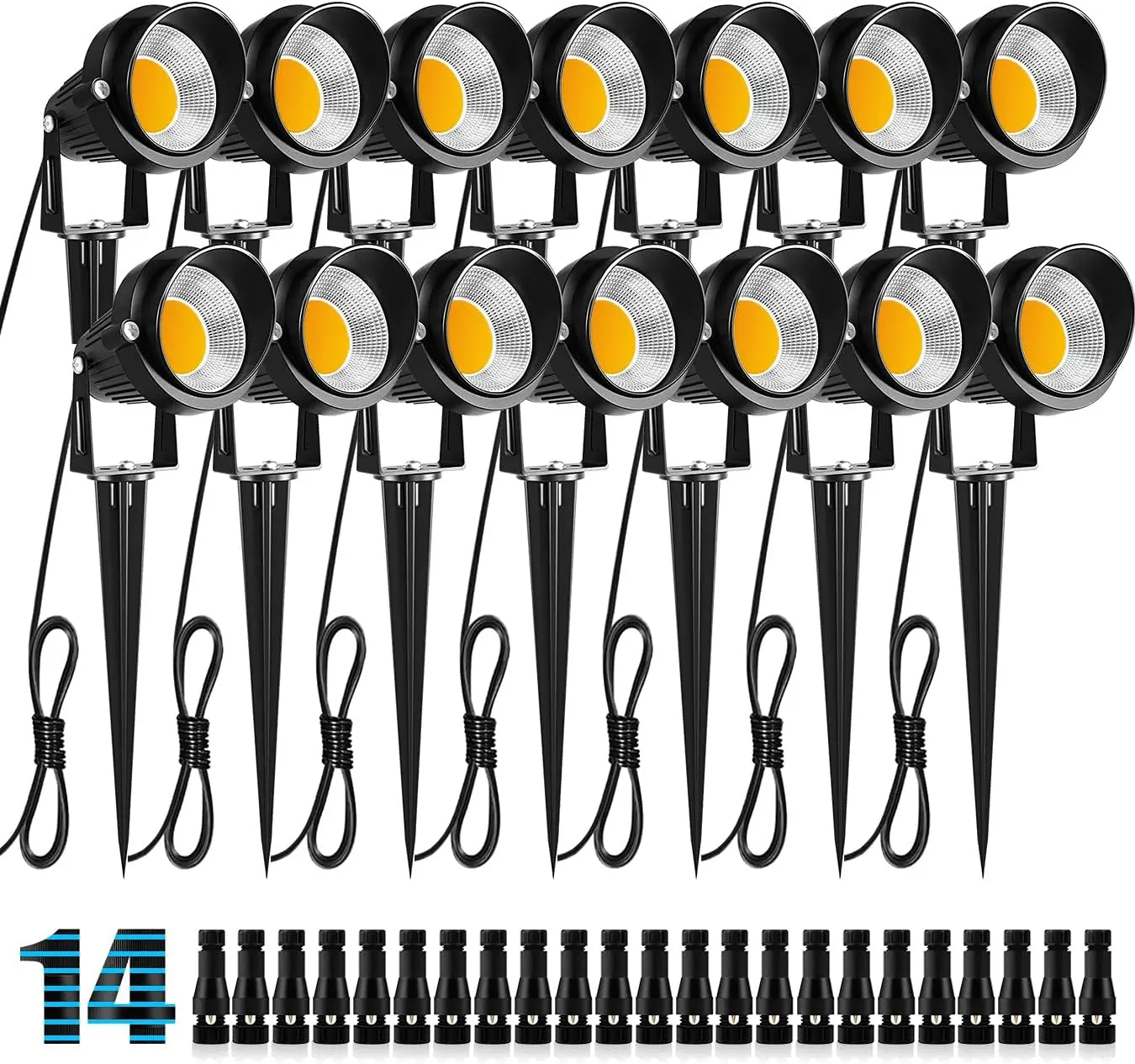 ไฟ LED สำหรับจัดสวน 10W, สปอตไลท์กลางแจ้ง 12V พร้อมขั้วต่อ, แสงสีขาวอบอุ่นกันน้ำ (14 แพ็ค)