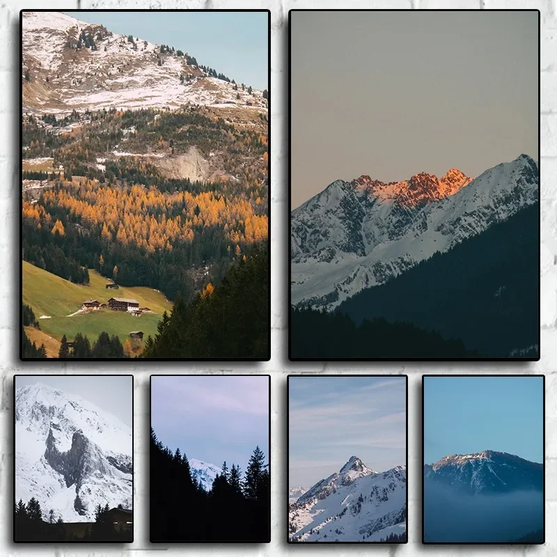 (No frame)Alpine View Twilight Glow Snowy Mountain Peak Foggy Forest Nature Landscape Poster Canvas Painting Wall Pictures Ho