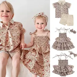 Summer Baby Boy Girl Clothes Set Brother Sister Costumes Floral Turn-down Collar Tops Shorts Suit Infant Dress Newborn Rompers