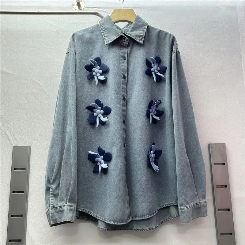 

Hong Kong Style Three-Dimensional Flower Decoration Lapel Long Sleeved Top With Single Breasted Buttons Washed To Make It Look