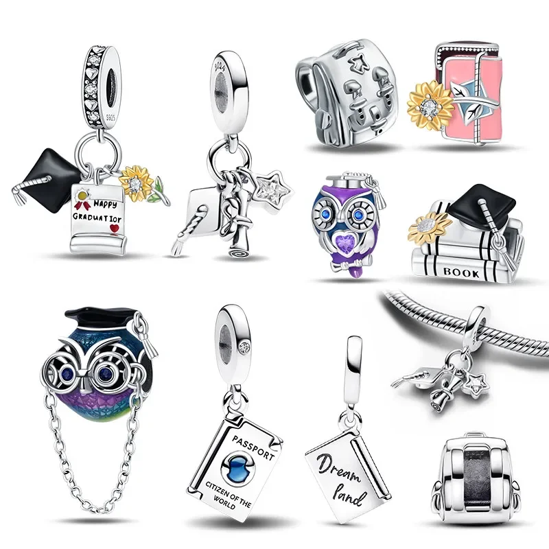 

925 Sterling Silver Bead Gradution Owl Book Charms Beads Fit Pandora Bracelet Charm for Woman Souvenir Fine Jewelry Gift Making