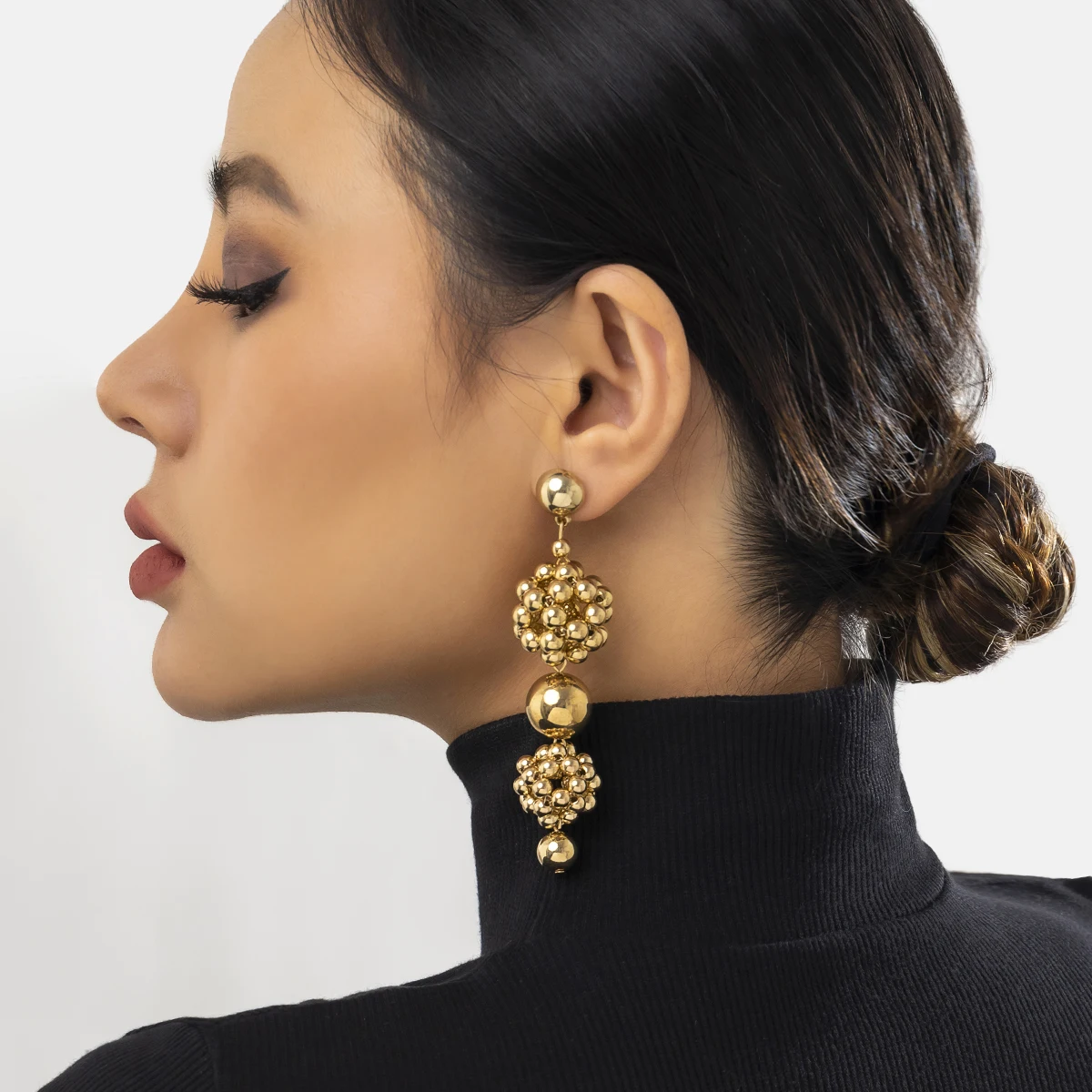 IngeSight.Z Punk Braided CCB Plastic Ball Bead Hoop Earrings For women Exaggerated Gold Color Geometric Round Ball Earrings