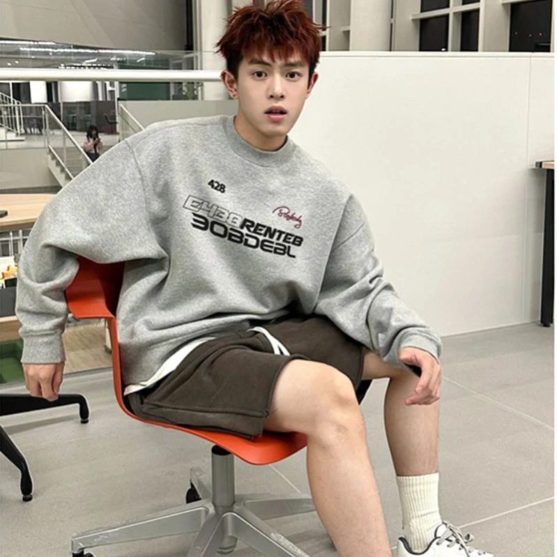 

Korean Letter Printing Retro Round Neck Sweatshirt Men's Trendy Autumn Winter American Thickened Y2K New Men's Loose Outer Top