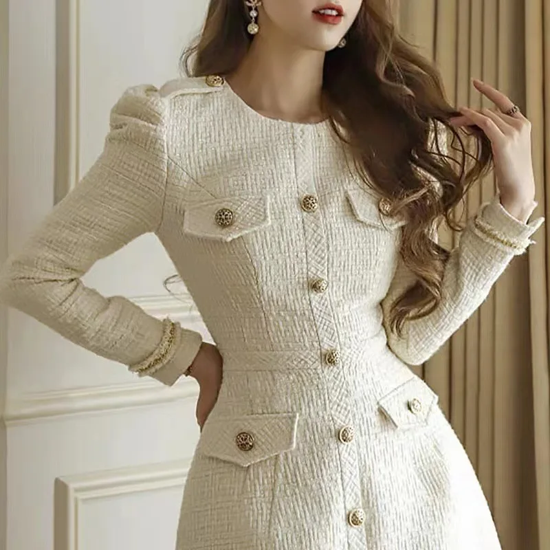 Women\'s Fashion Dress O-neck Long Sleeve Tweed Single Breasted High Waist Elegant White Dresses Autumn 2024 New