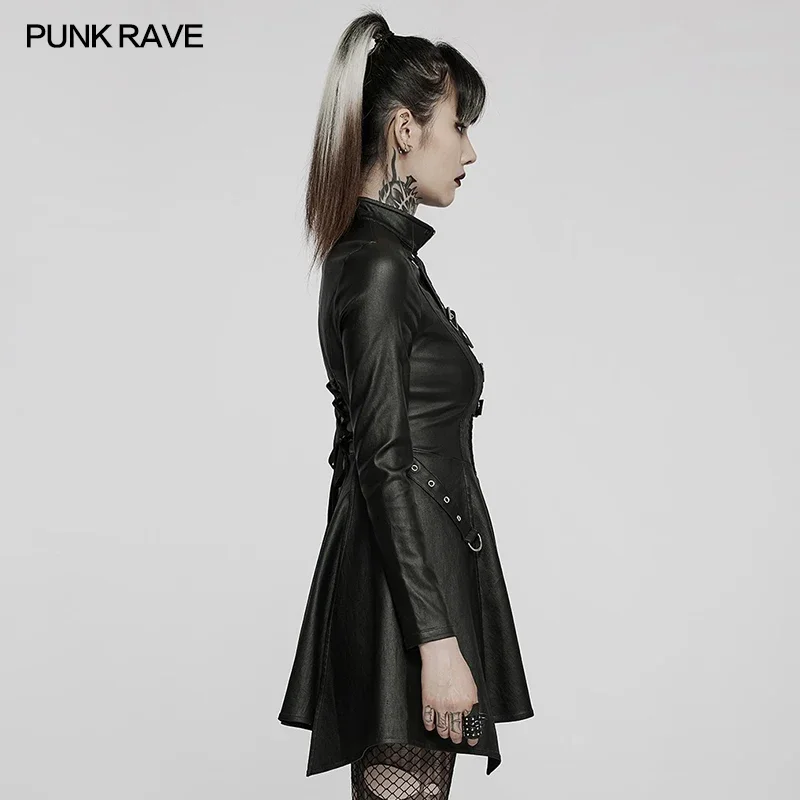 PUNK RAVE Punk Women Faux Leather Sexy Long Sleeve Dress Gauze Splicing Asymmetric Skirt Hem Dresses Black Goth Clothing