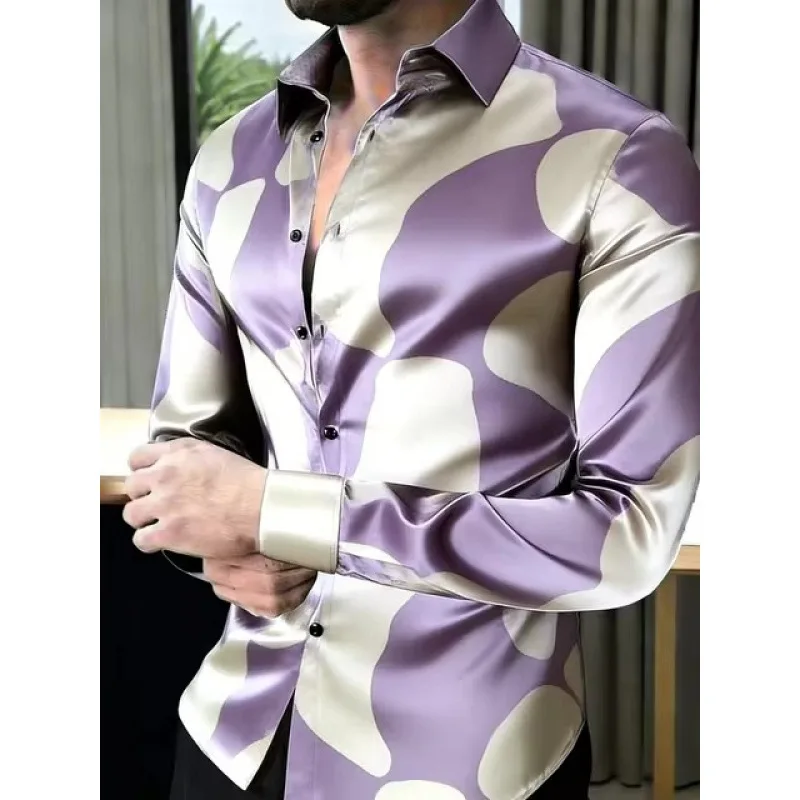 Men Firework Star Print Satin Shirt Glossy Long Sleeve Button Up Party Shirt