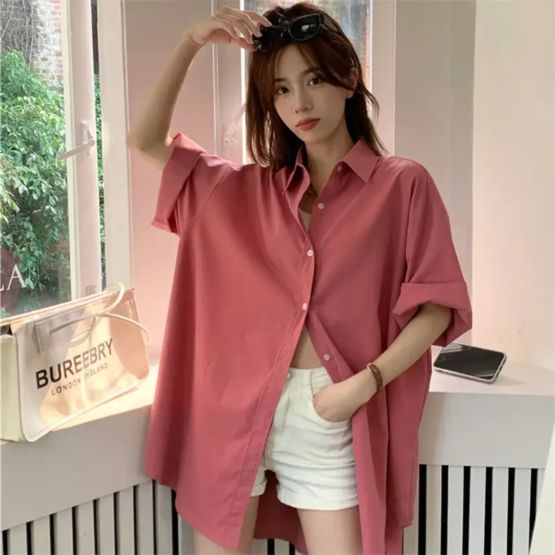 Korean Polo Neck Solid Color Shirt Tops Ladies Summer New Plus Size Short Sleeve Loose Cardigan Casual Fashion Women Clothing