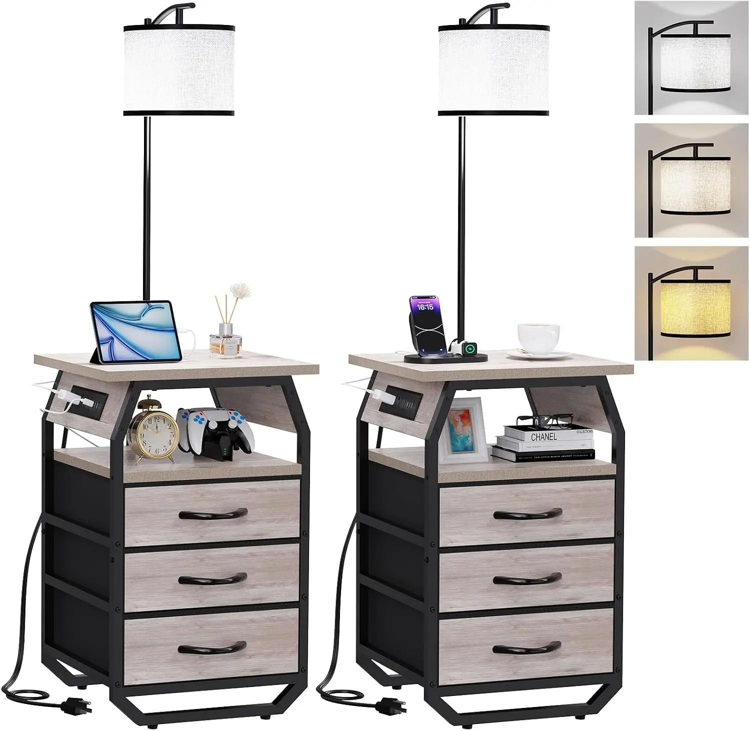 2 Floor Lamp Table Sets End Tables With Lamps 3 Color Temp Side Table With Charging 3 Drawers For Bedroom Dorm Greige