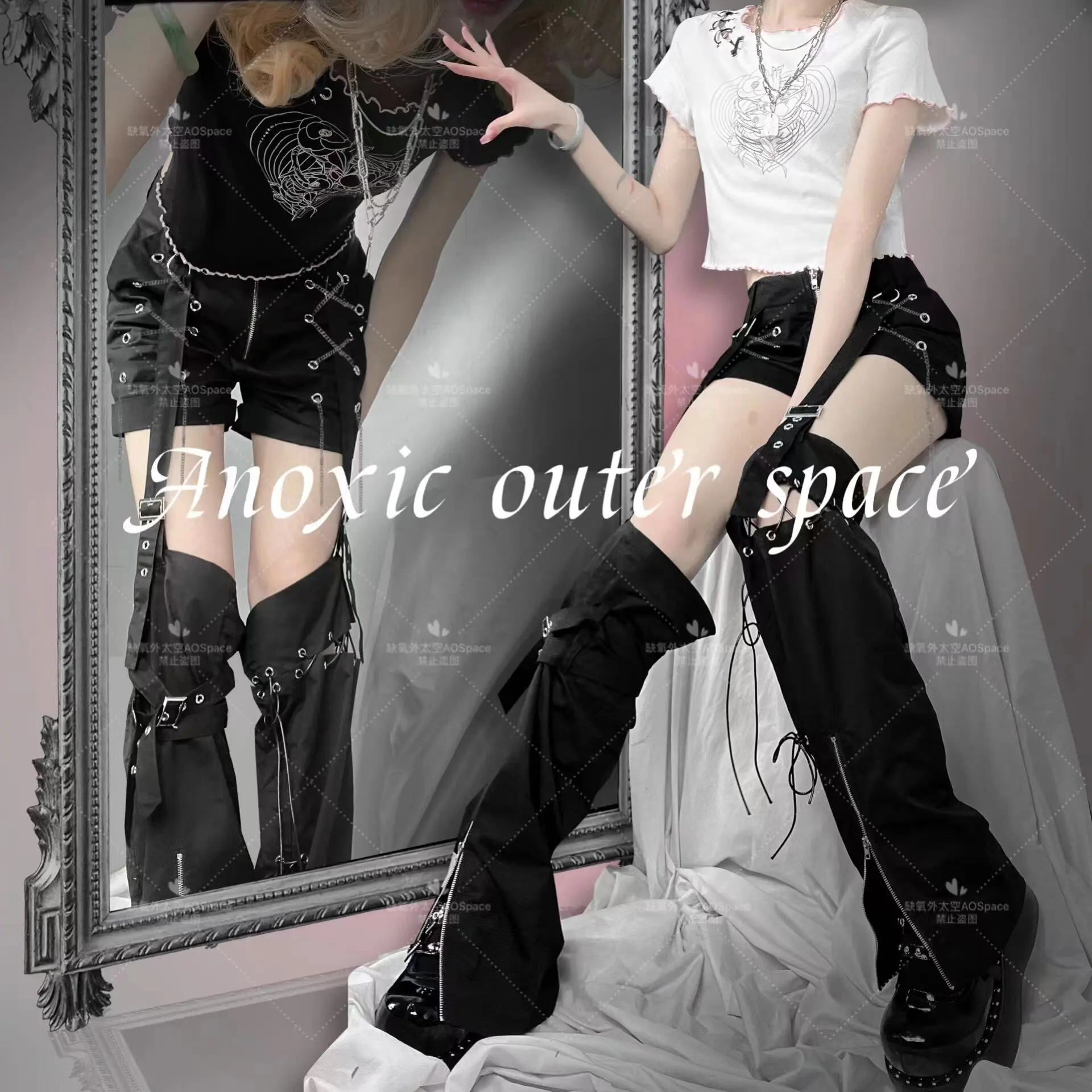 Gothic Detachable Strap Cargo Pants 2 in 1 Black Shorts Flared Long Pants Metal Buckle Rivet Zipper Split Punk Harajuku Trousers