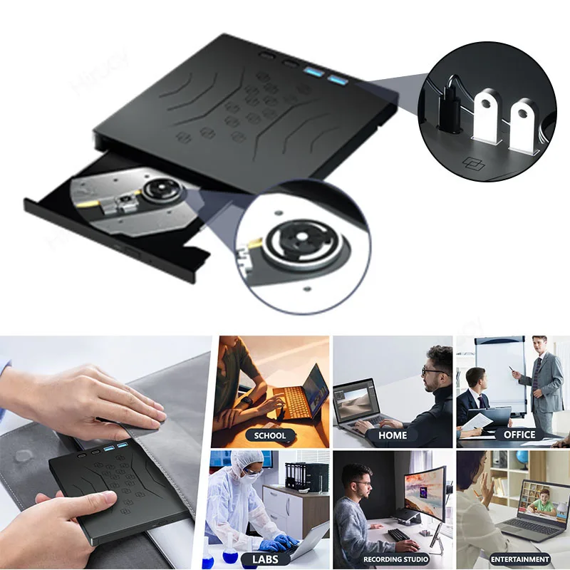 7-in-1 External DVD Optical Drive Portable CD DVD -/+RW Player with USB3.0 USB-C SD TF Card Slots DVD Burner  for  Laptop PC