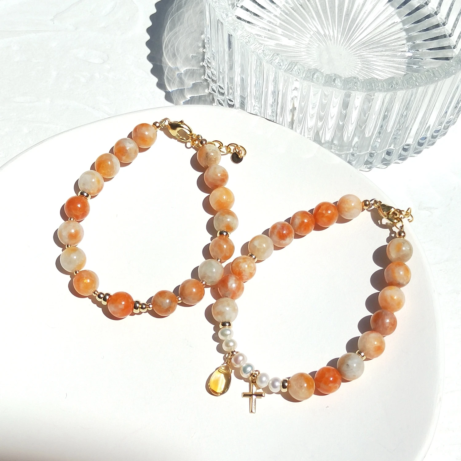 Lii Ji Orange Calcite 14K Gold Filled Charm Bracelet Natural Stone 6mm/8mm Handmade Jewelry For Gift