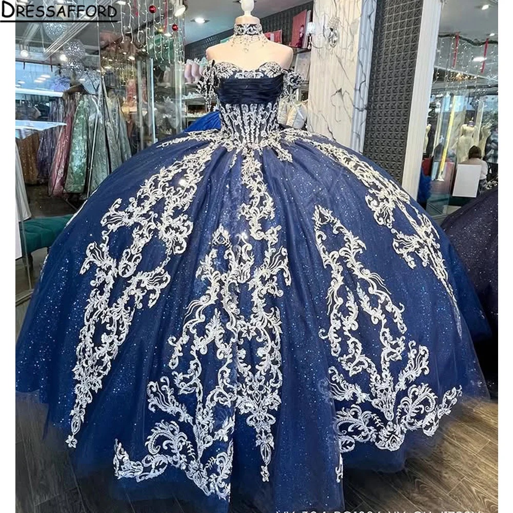 

Modest Tulle Quinceanera Dresses for 15 Ans Appliques Off the Shoulder Lace up Pleat Princess Ball Gown Customized