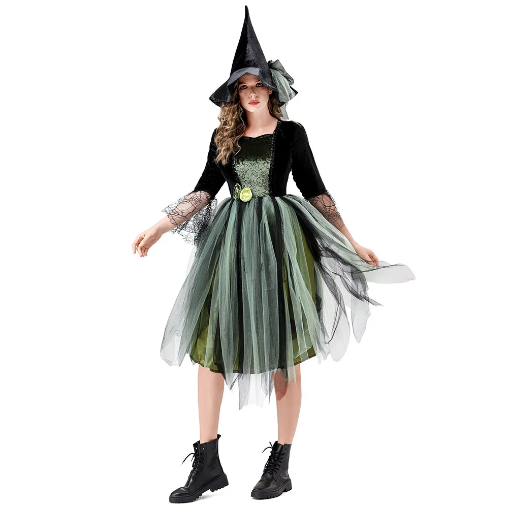 2025年ハロウィン グリーンワイルドグースチェイスパーティー 大人用コスチューム ステージパフォーマンス 魔女ロールプレイングコスチューム 女性用伝統衣装