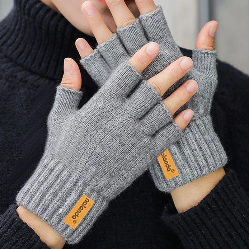 Winter Half-Finger Knitted Gloves for Men: Warm, Stretchy, Thick – Fits Office, Bicycle, Driving & Student Writing