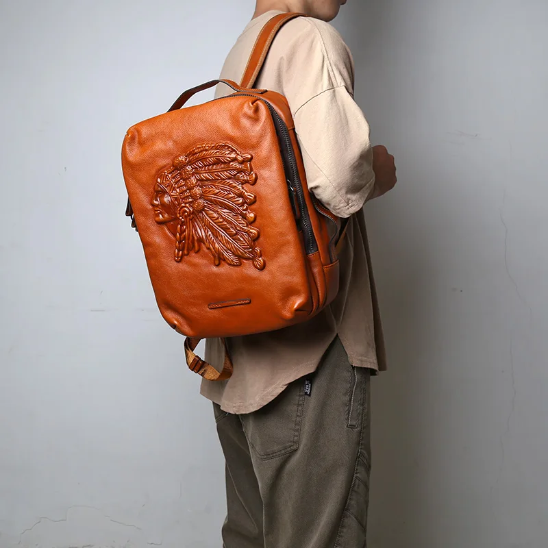 Mochila multifuncional para hombre, bolso de cuero de vaca, marca de tendencia de moda europea y americana, para ordenador