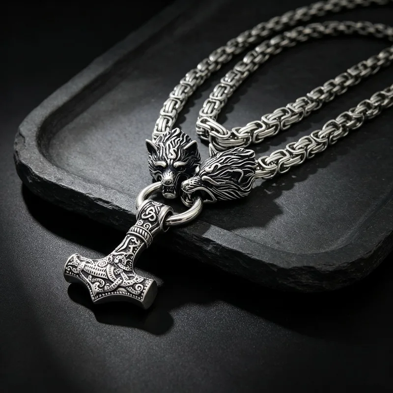 Nordic Celtic Wolf Men's Necklace Viking Wolf Head Stainless Steel Pendant scandinavian Rune Accessories norse Amulet Jewelry