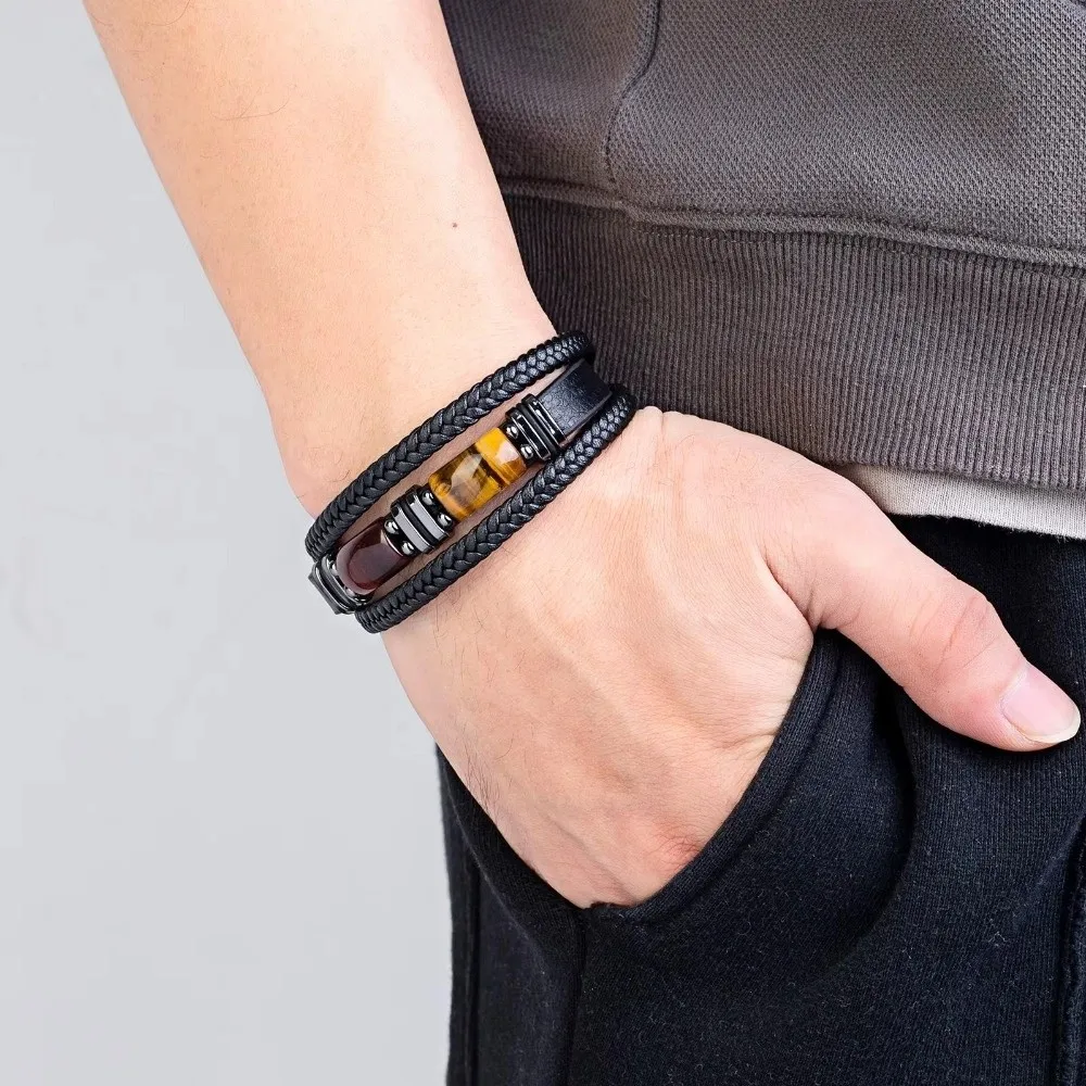 Men's Bracelet Multi-Layer Tiger Eye Stone Bracelet Adjustabl Retro Leather Bracelet Braided Handmade Beaded Bracelet Men