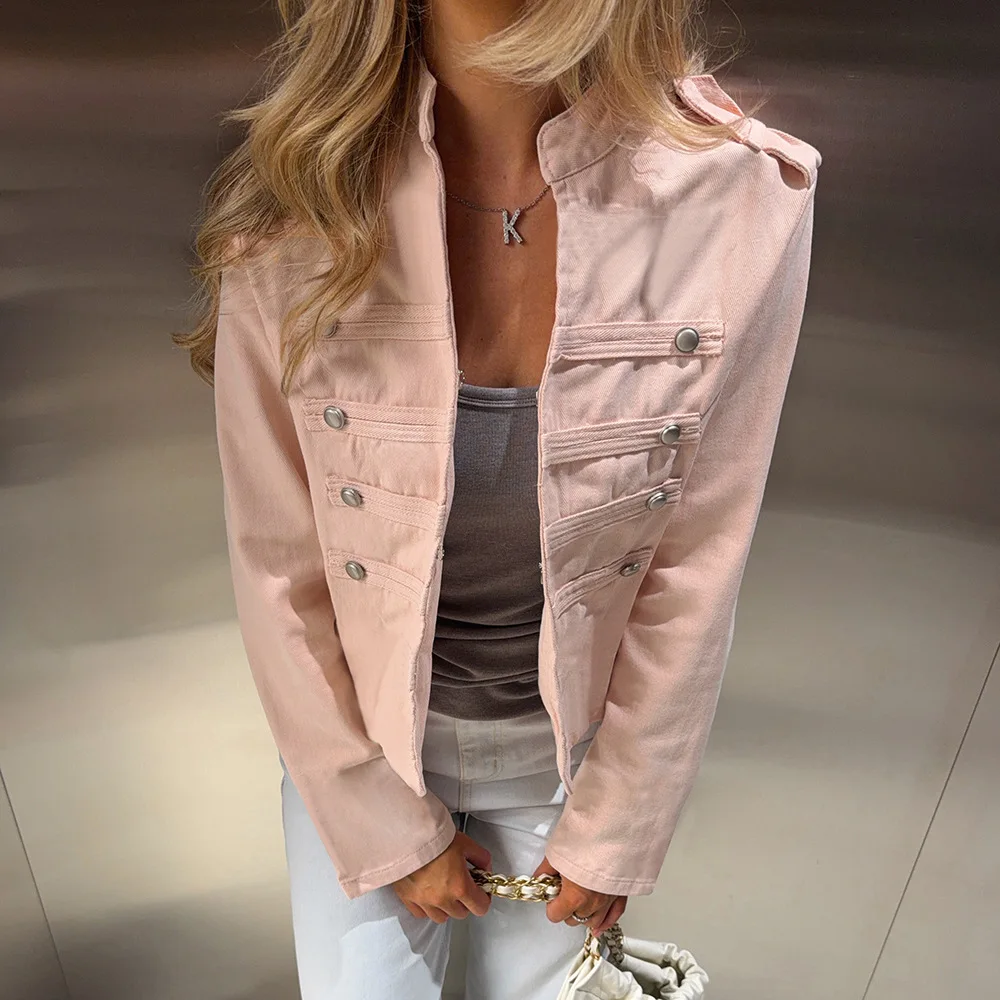 100%COTTON Women's Jackets Long Sleeve Single Breasted Coat  Slim Fit Vintage Military Style Short Coat Casual Streetwear