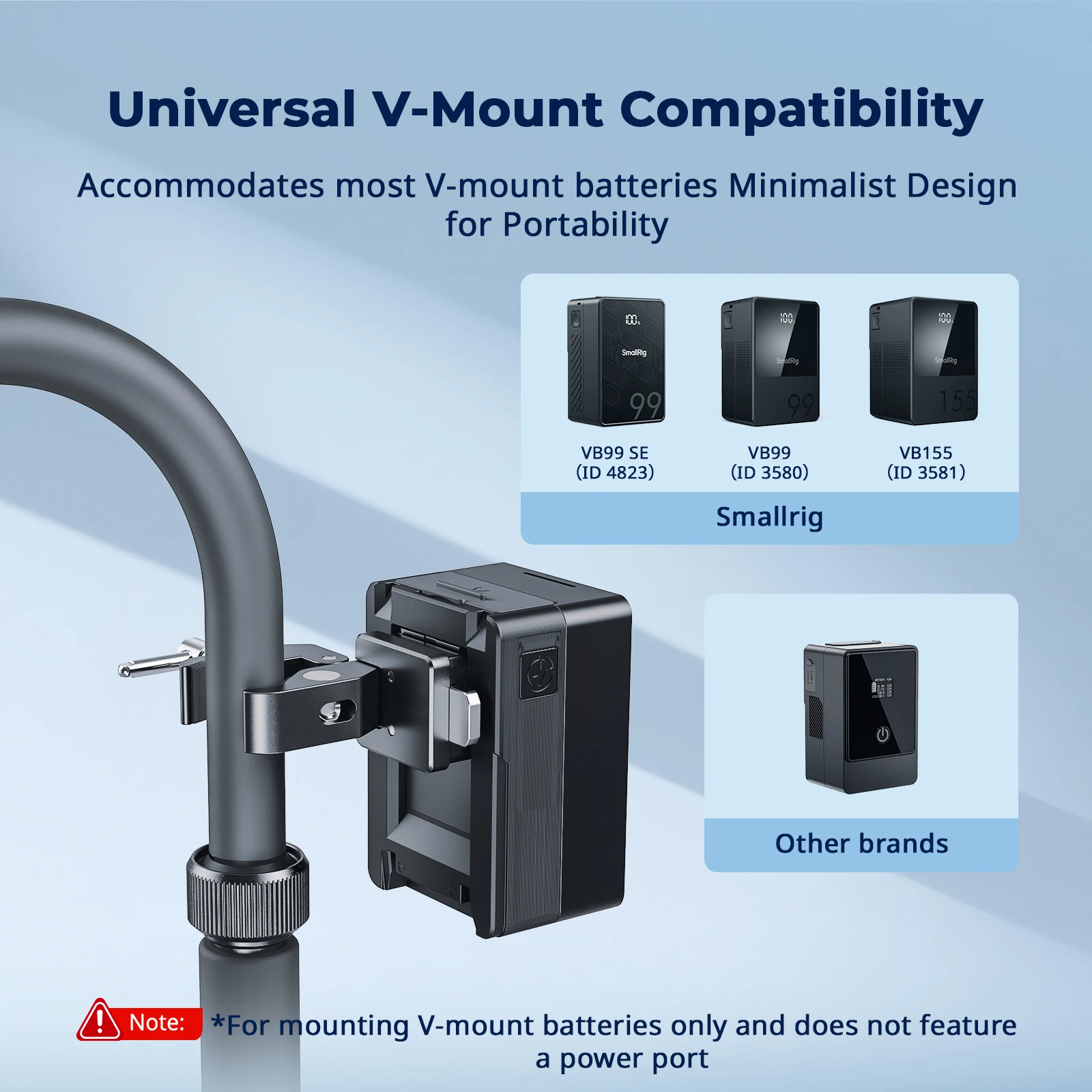 Zacisk SmallRig V-Mount w kształcie kraba, do większości akumulatorów z mocowaniem V, zakres mocowania 15–40 mm do statywów, statywów oświetleniowych -5313 — zdjęcie produktu 3
