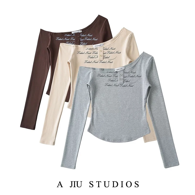 

Футболка Slim Fit Long Sve, женская футболка ort Sle Street Faion, повседневная футболка с буквенным принтом, повседневная базовая футболка с лацканами и лацканами