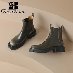 RIZABINA Size 34-42 Genuine Leather Women Chelsea Boots Elastic Band Thick Bottom Short Boots Ladies Slip On Winter Warm Shoes