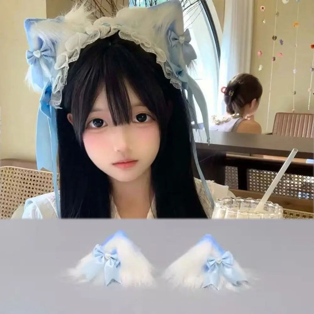 New Lolita Cat Ears Headband Bow Lace Head Wrap Cosplay Headdress Hair Accessories