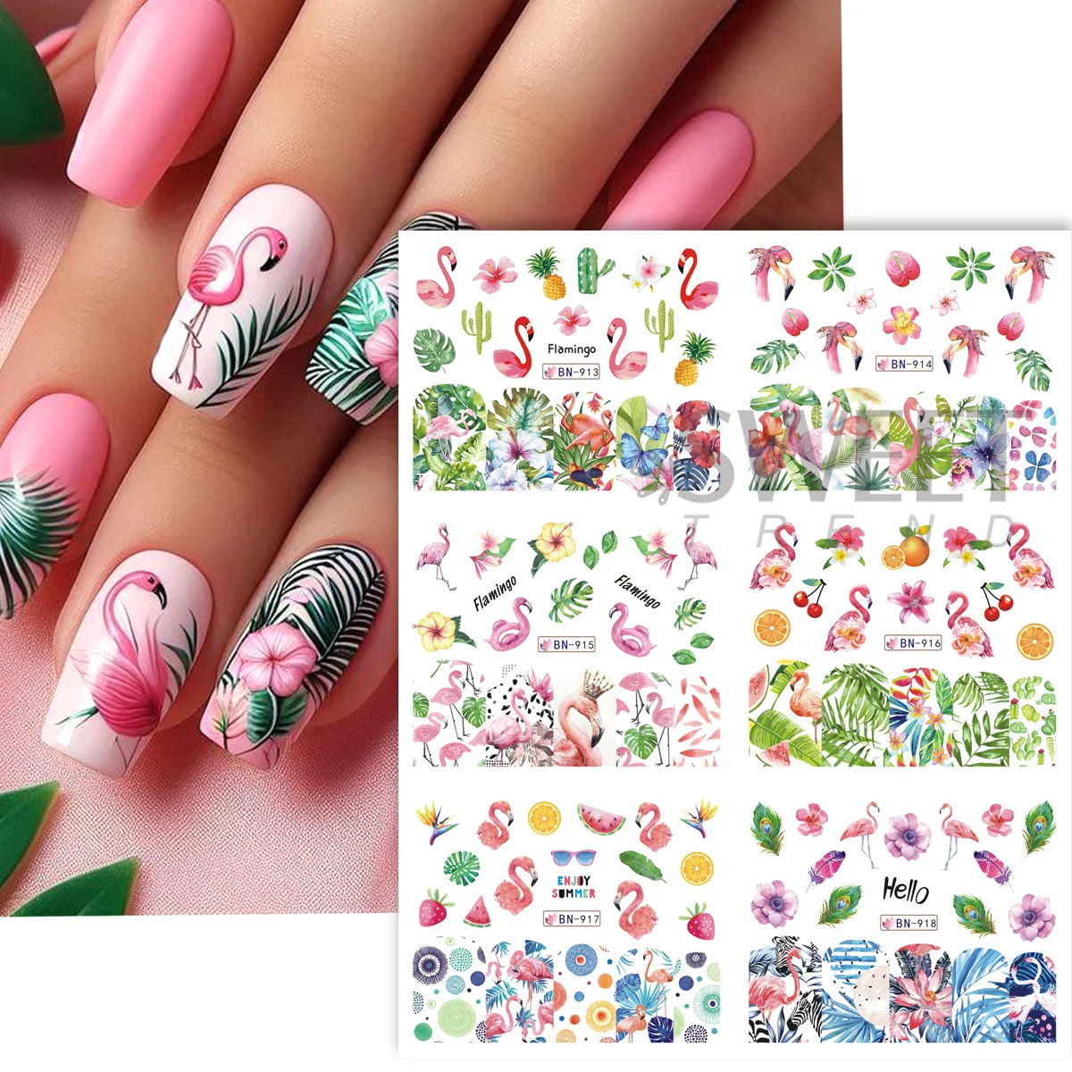 12 wzorów romantycznych różowych naklejek na paznokcie z flamingami, liśćmi palm, arbuzami i kwiatowymi motywami, samoprzylepne naklejki do samodzielnego manicure i zdobienia paznokci.