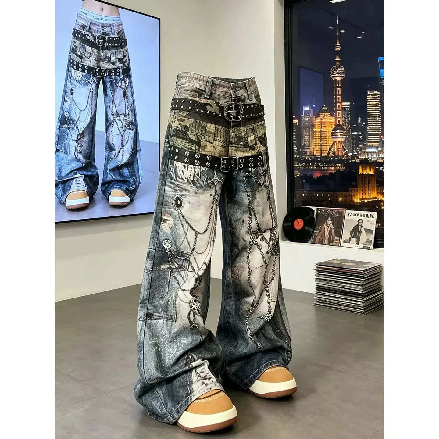 2026 New 3D Digital Printing Chain Denim Jeans Women's High Street Wide Leg Floor-Length Pants Straight Tube Loose Fit Jeans